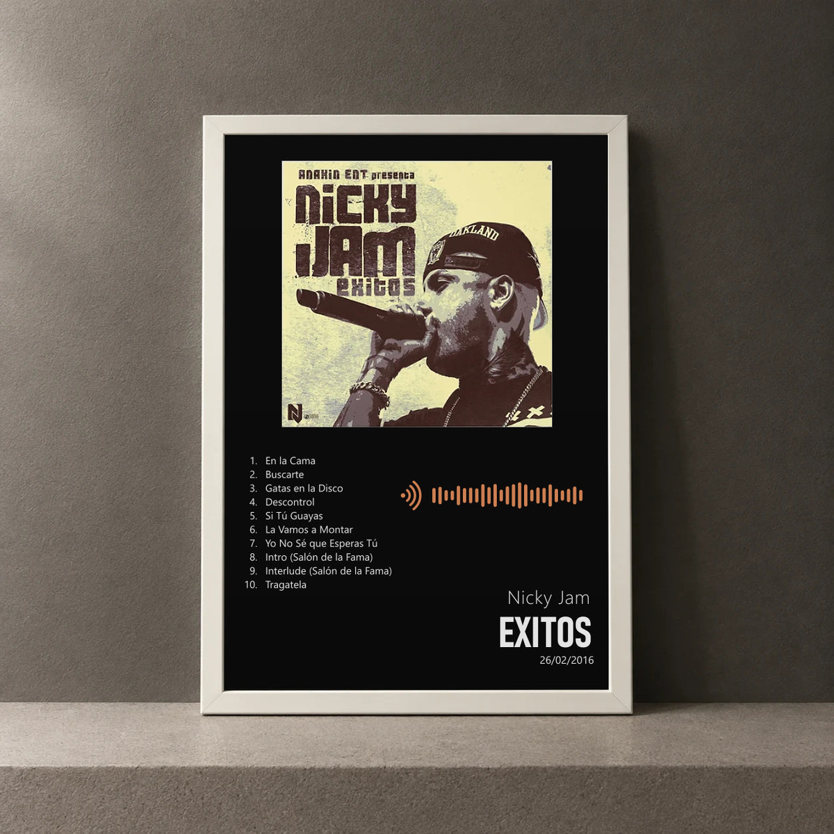 Cuadro de Exitos de Nicky Jam, marco de 18 x 24 cm