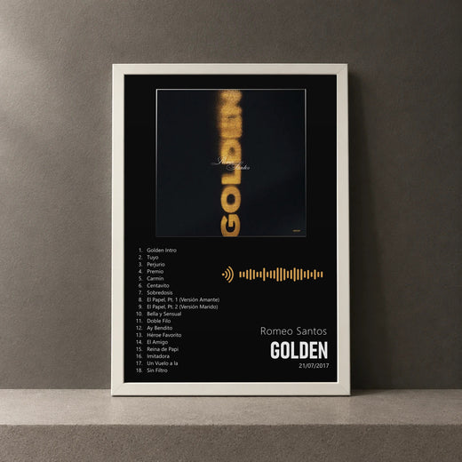 Cuadro de Golden de Romeo Santos, marco de 18 x 24 cm