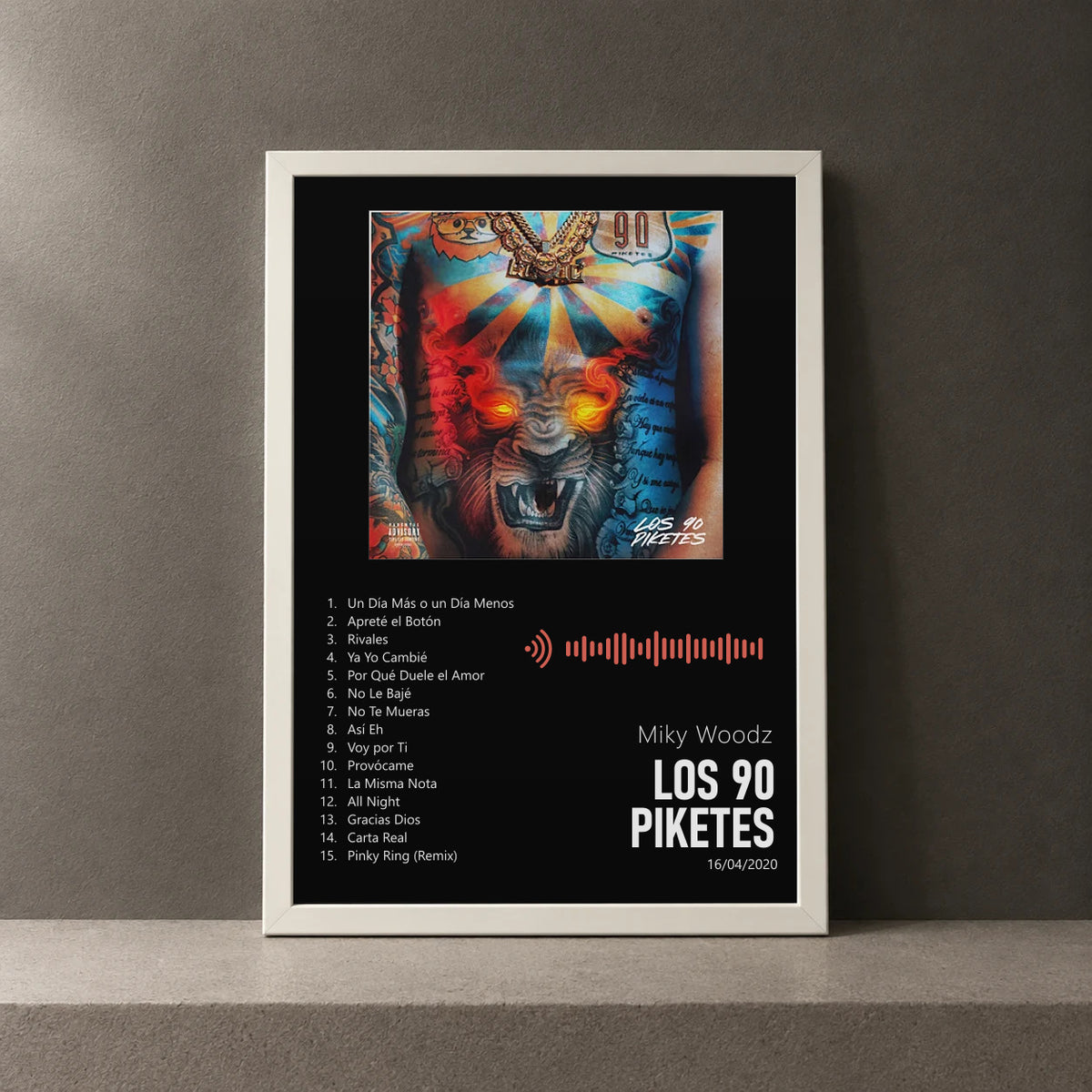 Cuadro de Los 90 Piketes de Miky Woodz, marco de 18 x 24 cm