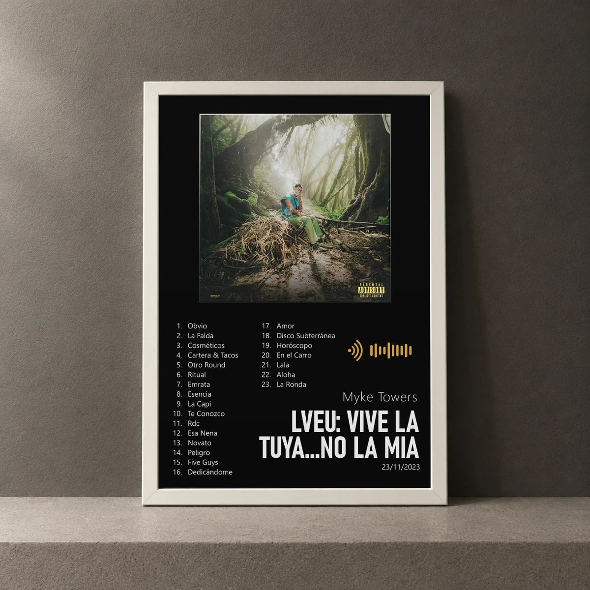 Cuadro de LVEU: VIVE LA TUYA...NO LA MIA de Myke Towers, marco de 18 x 24 cm