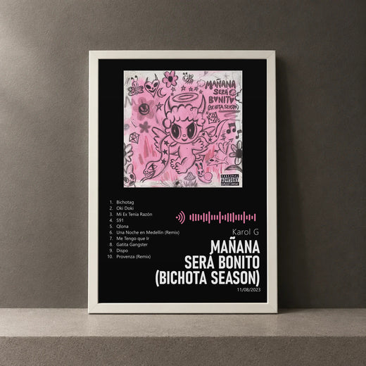 Cuadro de Mañana Será Bonito (BICHOTA SEASON) de Karol G, marco de 18 x 24 cm