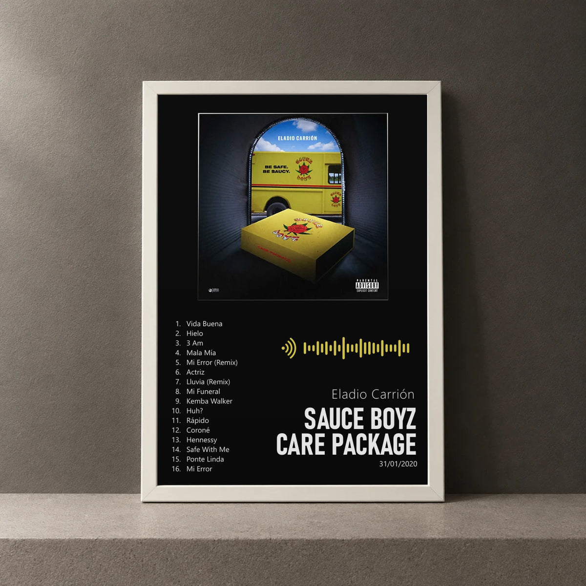 Cuadro de Sauce Boyz Care Package de Eladio Carrión, marco de 18 x 24 cm