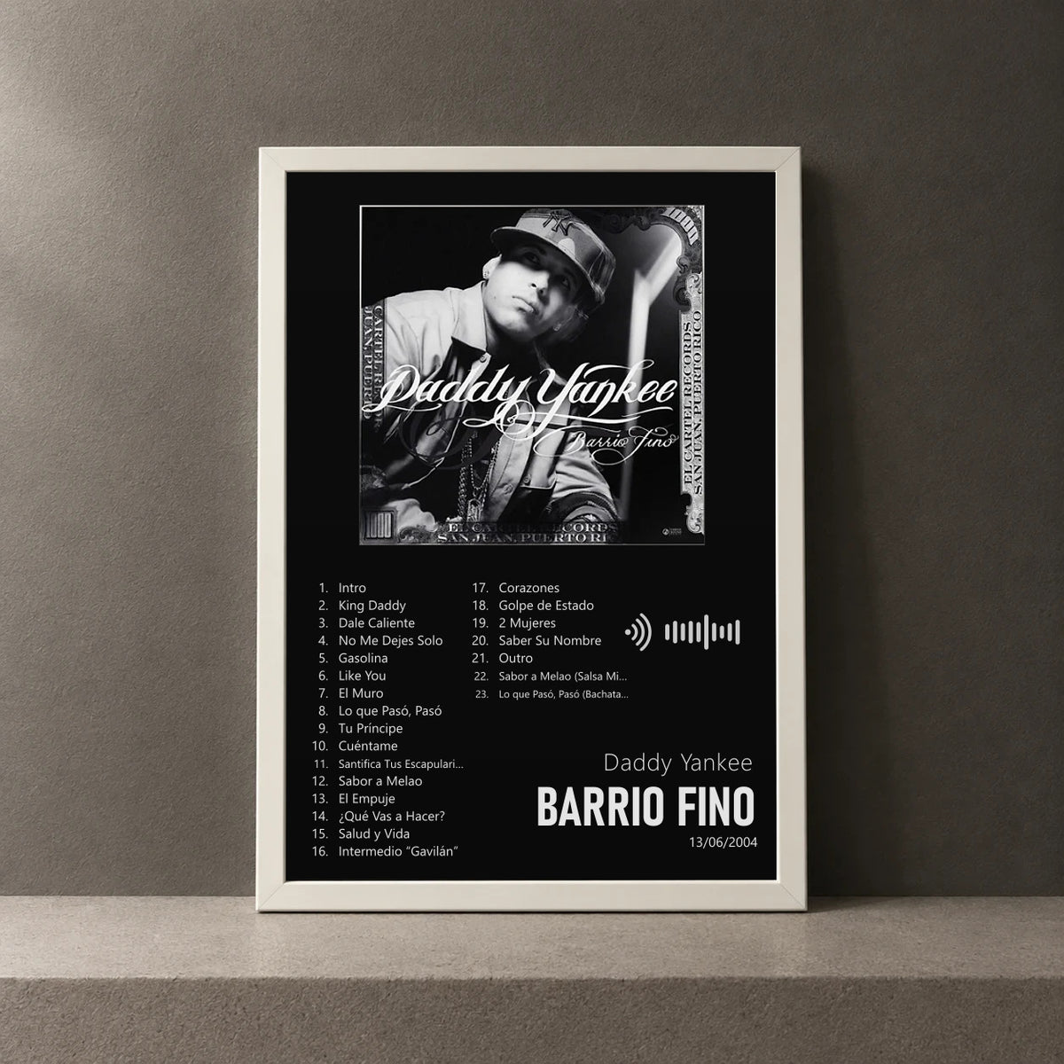 Cuadro de Barrio Fino de Daddy Yankee, marco de 18 x 24 cm