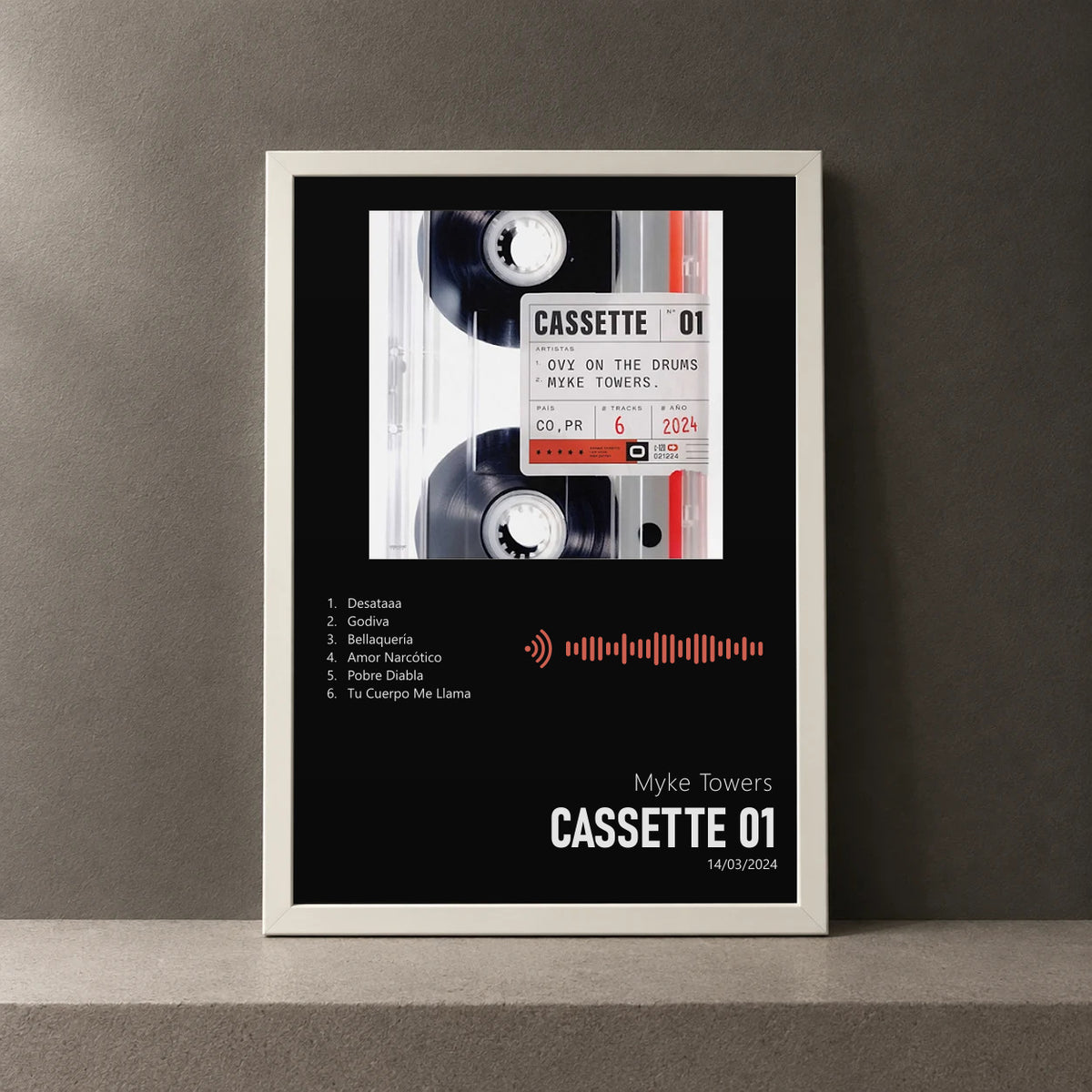 Cuadro de CASSETTE 01 de Myke Towers, marco de 18 x 24 cm