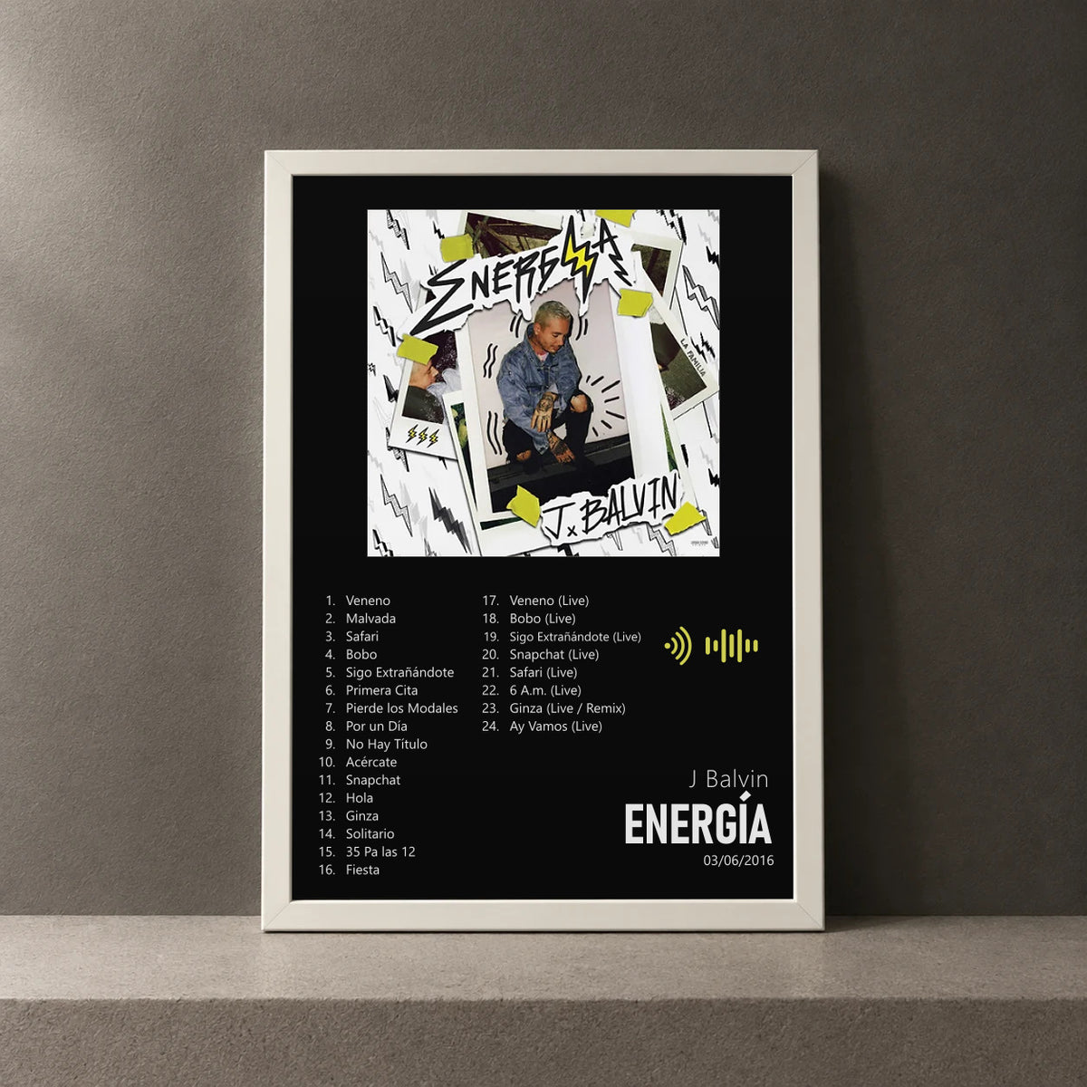 Cuadro de Energía de J Balvin, marco de 18 x 24 cm