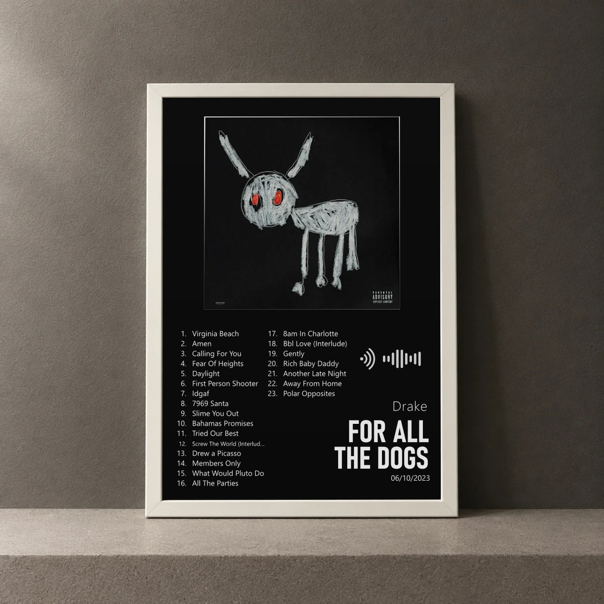 Cuadro de For All The Dogs de Drake, marco de 18 x 24 cm