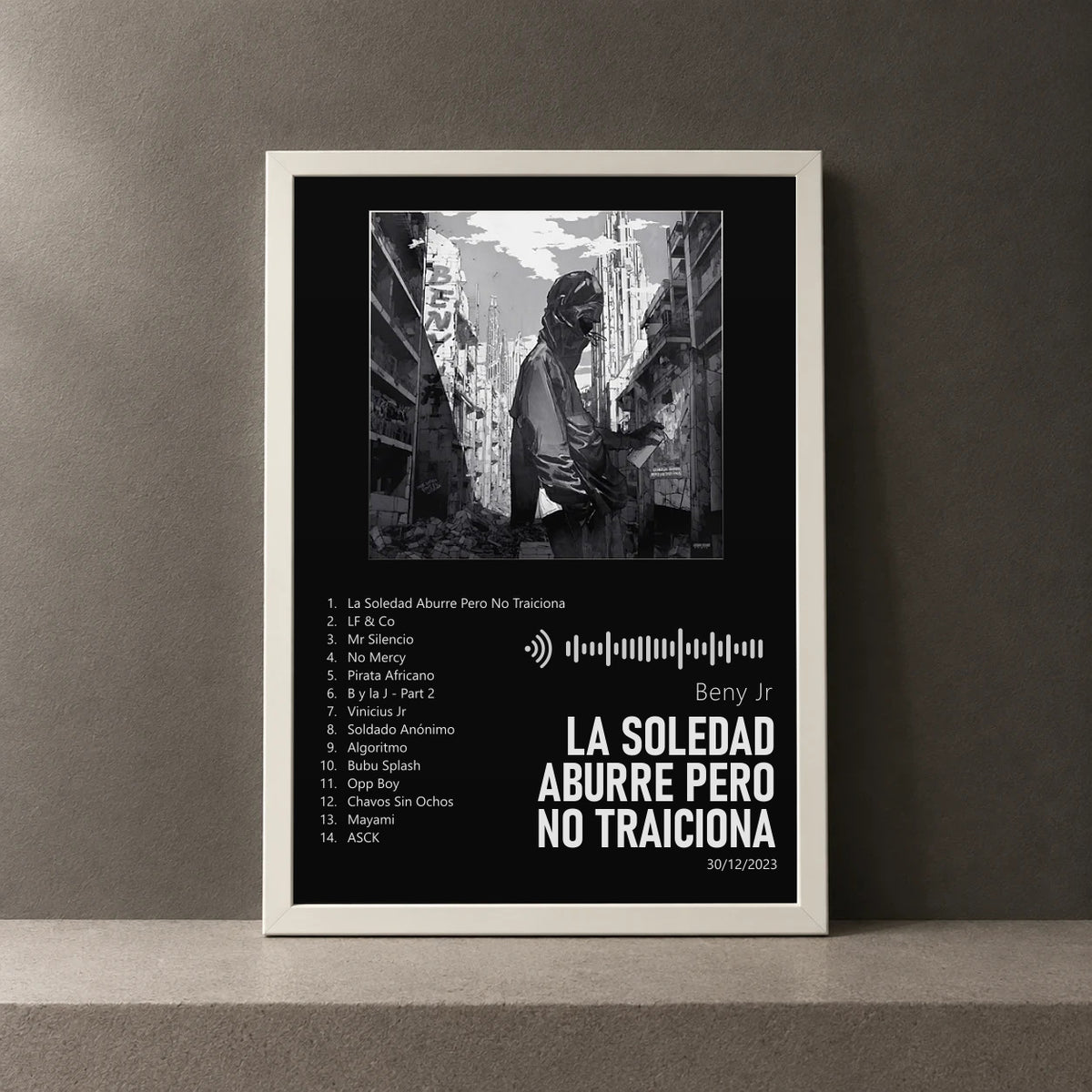 Cuadro de La Soledad Aburre Pero No Traiciona de Beny Jr, marco de 18 x 24 cm