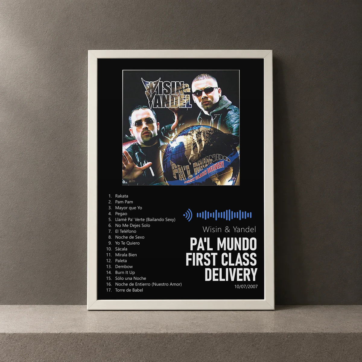 Cuadro de Pa'l Mundo First Class Delivery de Wisin & Yandel, marco de 18 x 24 cm