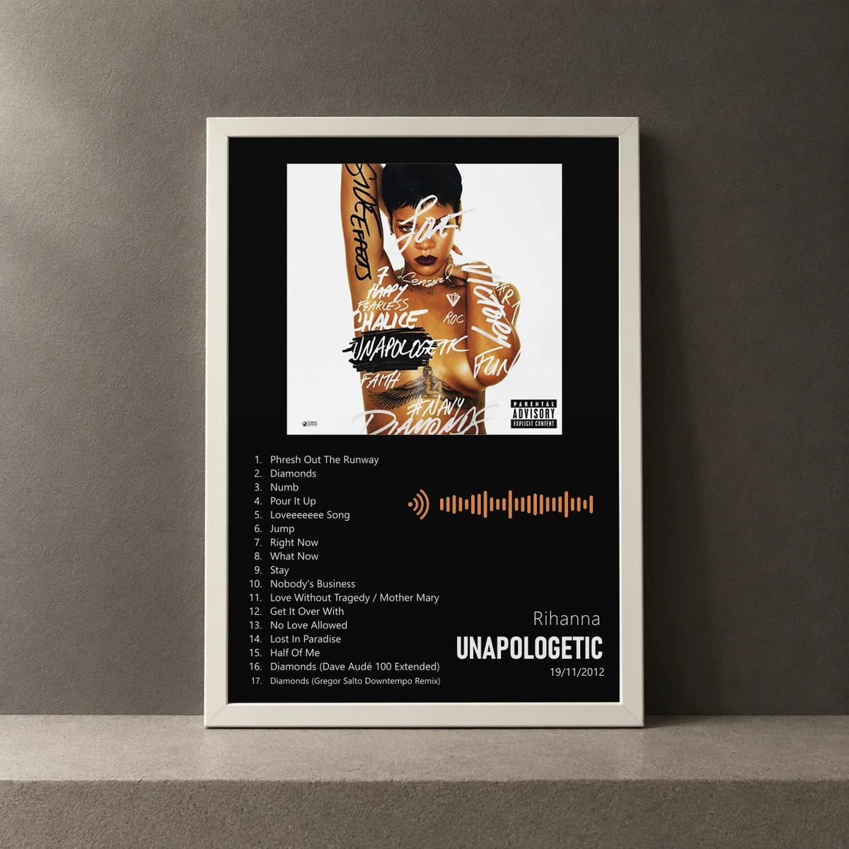Cuadro de Unapologetic de Rihanna, marco de 18 x 24 cm