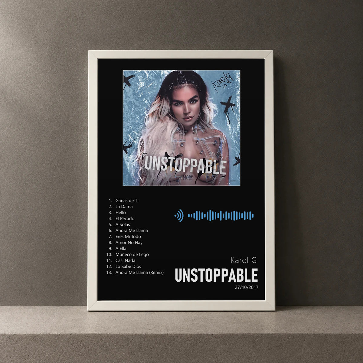 Cuadro de Unstoppable de Karol G, marco de 18 x 24 cm