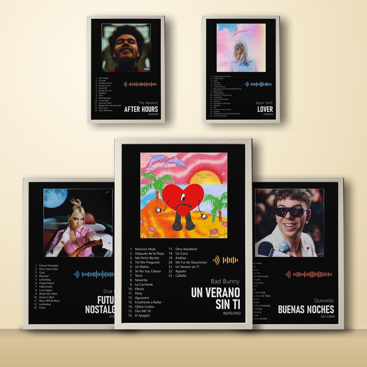Cinco cuadros de discos con chip NFC en una pared crema: Un Verano Sin Ti, After Hours, Lover, Future Nostalgia y Buenas Noches